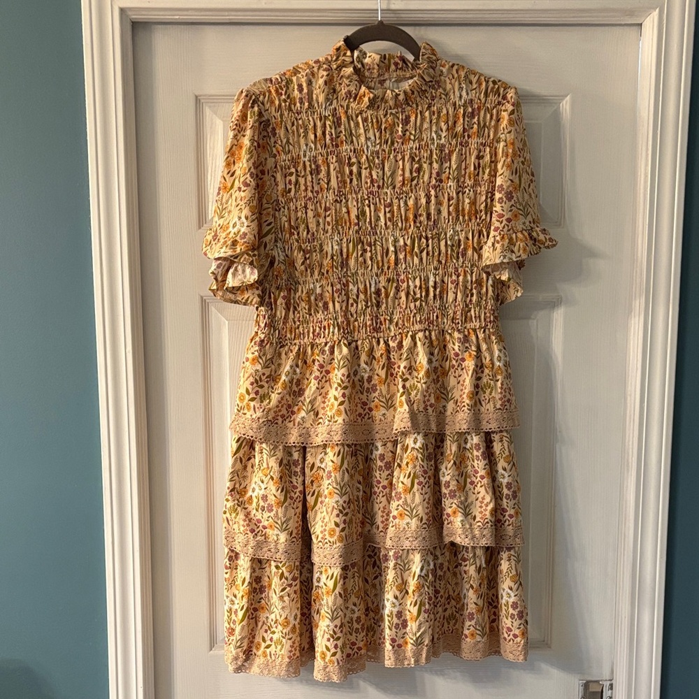 Simply Southern Cream Floral Dress with Yellow & Brown Accents